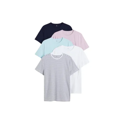 H&M T-Shirts Men 5-pack Navy Blue + Light Purple + Light Blue + White + Gray Stripe