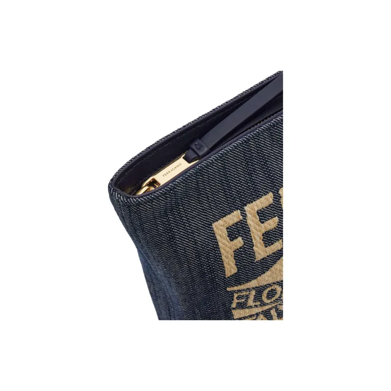 FERRAGAMO Raffia With Calfskin Makeup Bag, Clutch Women's Natural & Denim Blue-3