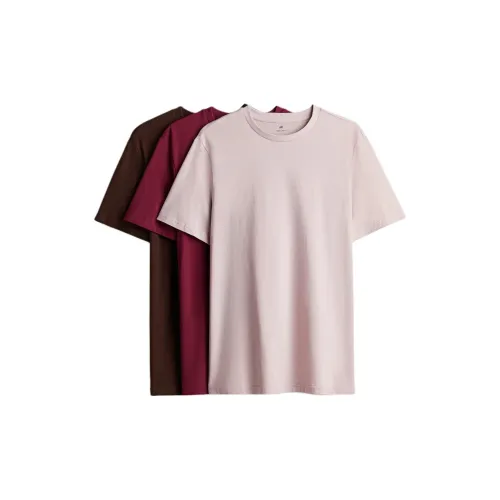 H&M T-Shirts Men Set Of 3 Brown + Dark Red + Pink