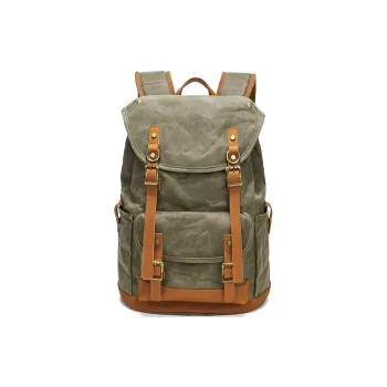H-YXIANG Batik Water-Resistant Canvas With Crazy Horse Leather Backpack Regular Men's Multicolor