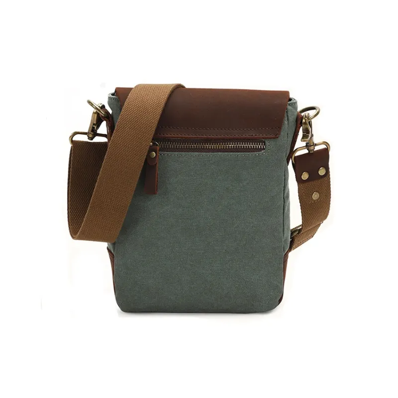 H YXIANG Washed Canvas With Feral Cow Leather Shoulder Bag, Crossbody Bag Regular Men's Teal/Khaki-2