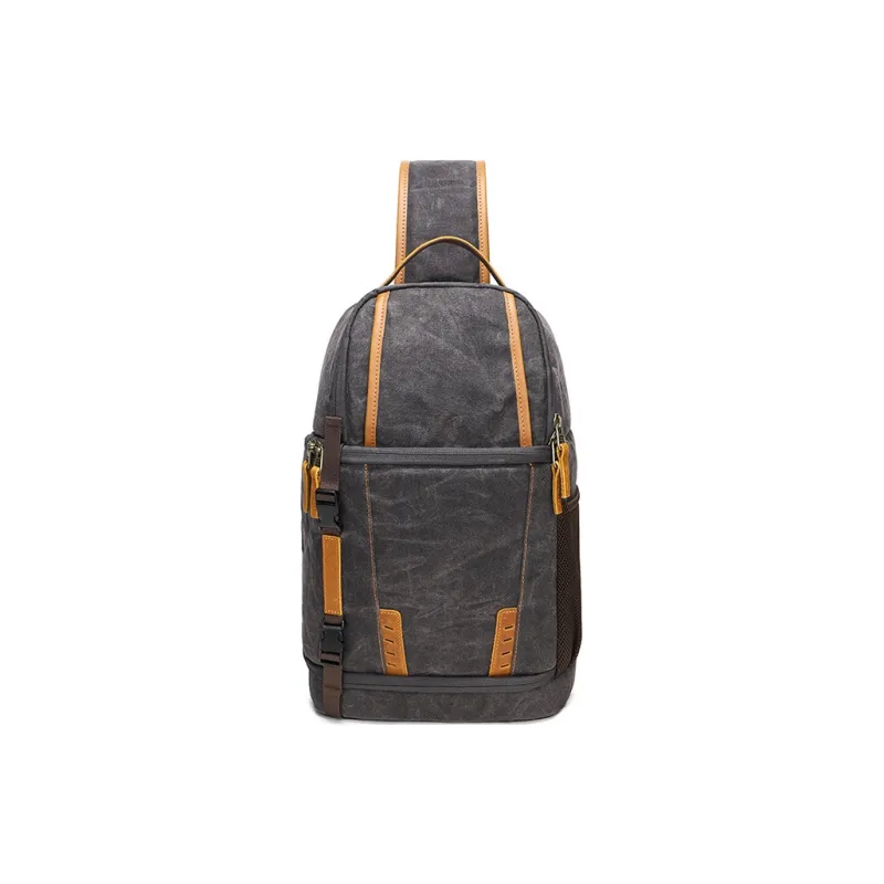H YXIANG Batik Canvas With Top Grain Cow Leather Sling Bag Men's Army Green/Khaki/Dark Gray-7