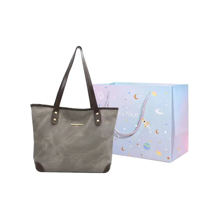 GOX PU Shoulder Bag Tote Regular Women's Denim Blue/Dark Tea/Light Gray-7
