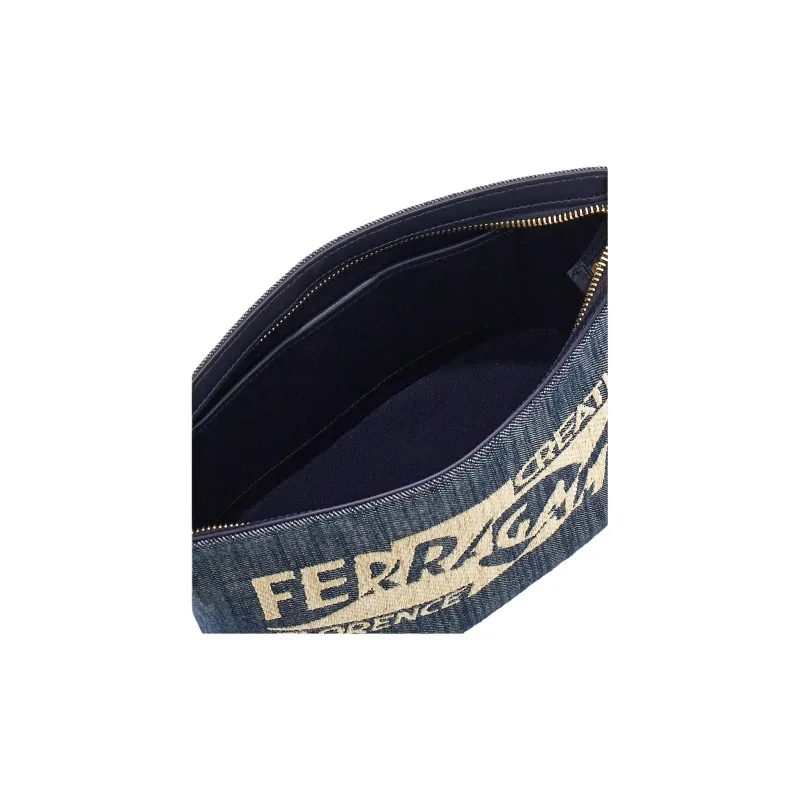 FERRAGAMO Raffia With Calfskin Makeup Bag, Clutch Women's Natural & Denim Blue-5