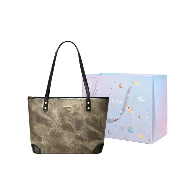GOX PU Shoulder Bag Tote Regular Women's Denim Blue/Dark Tea/Light Gray-0