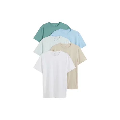 H&M T-Shirts Men 5-pack Dark Turquoise + Blue + Light Turquoise + Beige + White