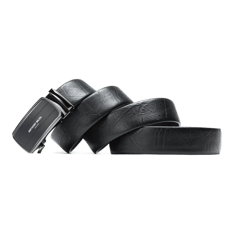 Anthony Miles Leaf Venation Top Grain Cow Leather Leather Belts Men's Black Width  3.5cm-2