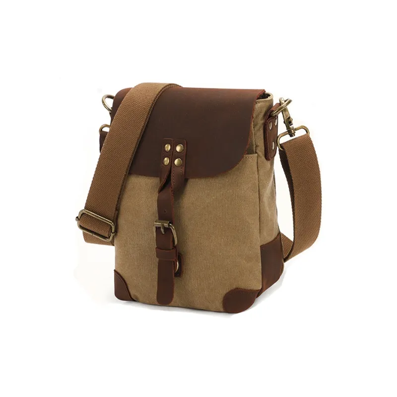 H YXIANG Washed Canvas With Feral Cow Leather Shoulder Bag, Crossbody Bag Regular Men's Teal/Khaki-5