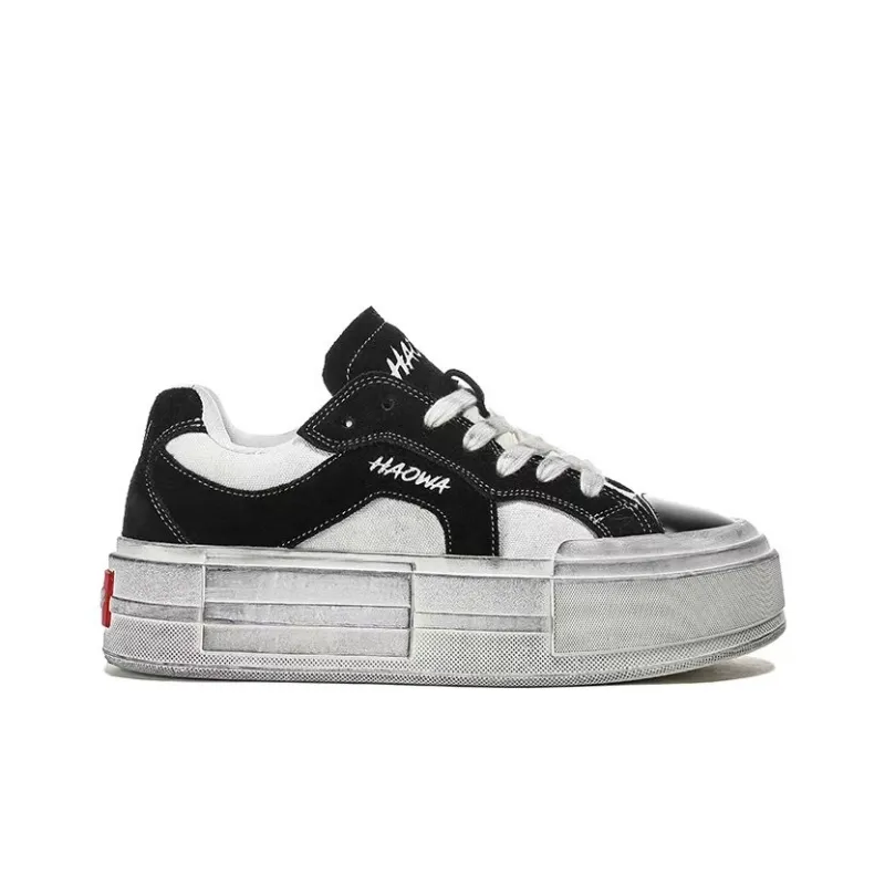 HAOWA Vintage Journey Breathable Lightweight Height Increasing Low Top Casual Shoes Women's Vintage Black White-1