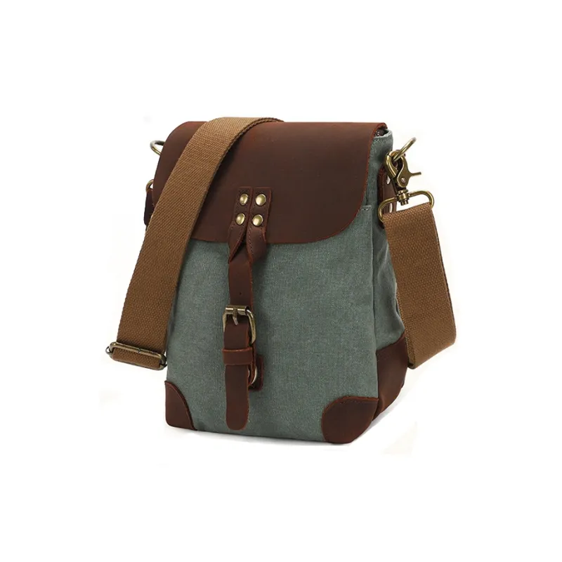 H YXIANG Washed Canvas With Feral Cow Leather Shoulder Bag, Crossbody Bag Regular Men's Teal/Khaki-1