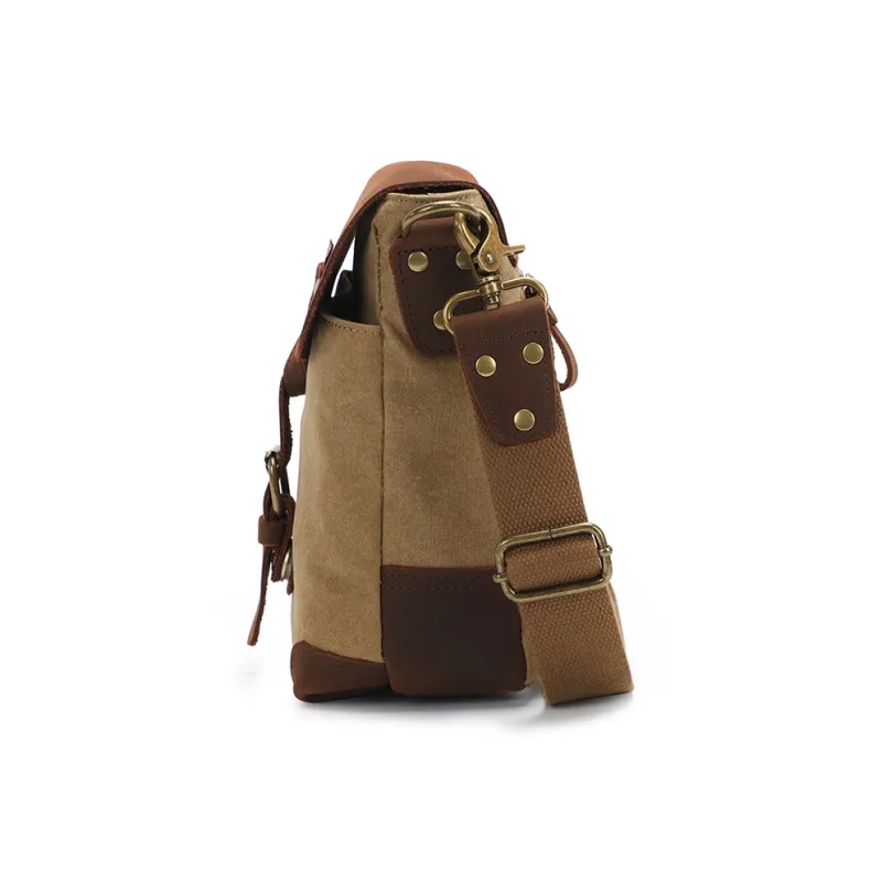 H YXIANG Washed Canvas With Feral Cow Leather Shoulder Bag, Crossbody Bag Regular Men's Teal/Khaki-6