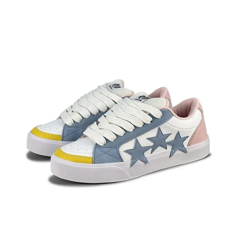LuzaoT SUPER DRAG Stars Shoes Low Top Skateboard Shoes Women's White Blue Yellow-2