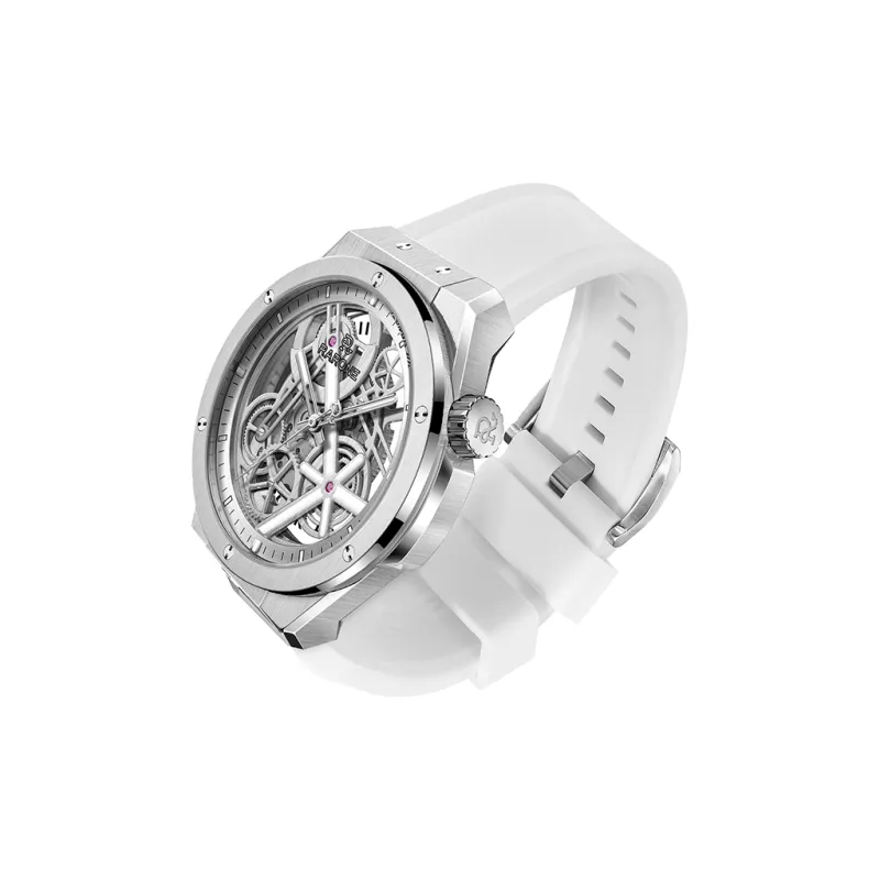 RARONE Gemini Little Twin Stars X Pure White Mechanical Movement Silicone Strap Watch Men's Watches Cut Out Dial-2