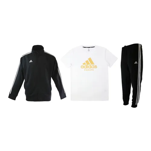 Adidas Casual Sportswear Men Set Black Base With White Stripes Coats+White T-Shirts+Black Pants