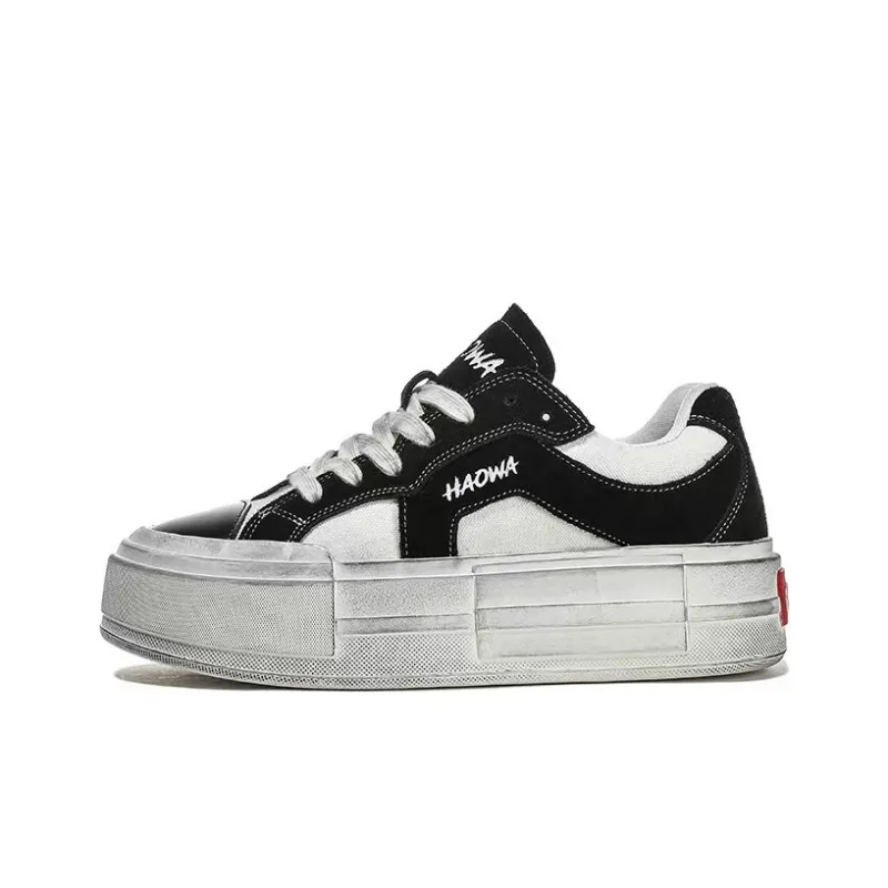 HAOWA Vintage Journey Breathable Lightweight Height Increasing Low Top Casual Shoes Women's Vintage Black White-0