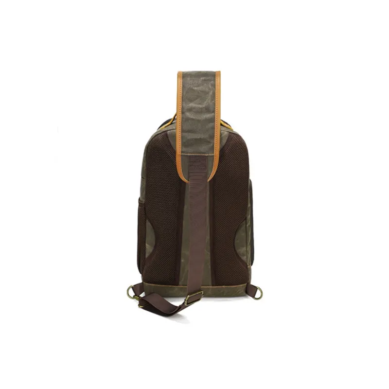 H YXIANG Batik Canvas With Top Grain Cow Leather Sling Bag Men's Army Green/Khaki/Dark Gray-2