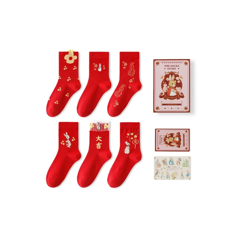 Caramella x Peter Rabbit Mid Calf Socks Unisex 6 Pack Red-4