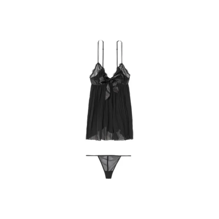 Victoria's Secret VERY SEXY Pleated Babydoll Set Nightgown Women's Black-0