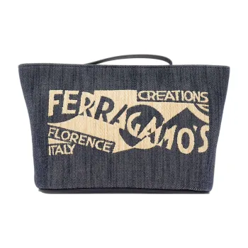 FERRAGAMO Raffia With Calfskin Makeup Bag, Clutch Women's Natural & Denim Blue