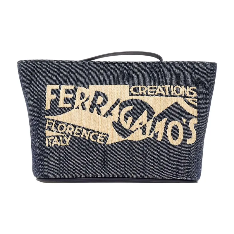 FERRAGAMO Raffia With Calfskin Makeup Bag, Clutch Women's Natural & Denim Blue-0