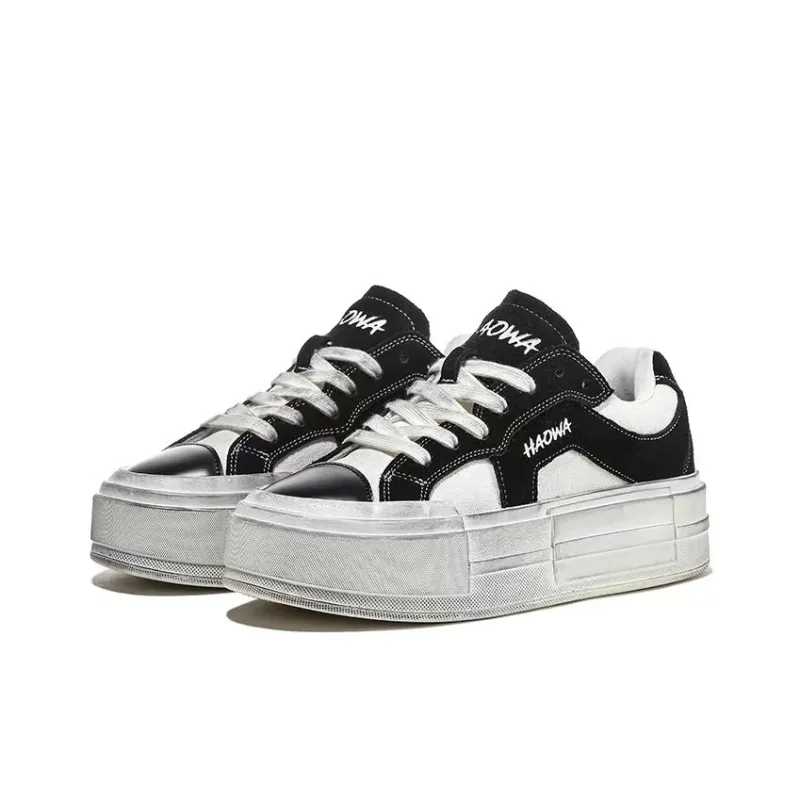 HAOWA Vintage Journey Breathable Lightweight Height Increasing Low Top Casual Shoes Women's Vintage Black White-3