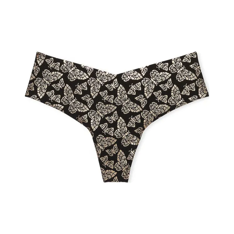Victoria's Secret No-Show No-Show Thong Panty / Black Butterfly Shine Underpants Women's 1 Pack Black Gold-0