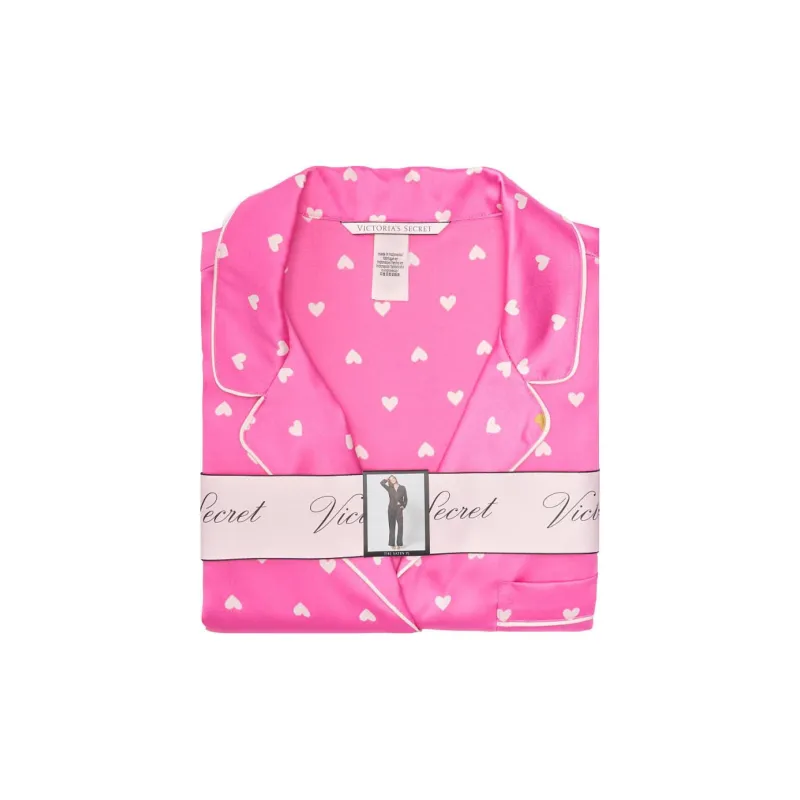 Victoria's Secret Satin Long Pajama Set Pajama Set Women's Pink Heart Print-1