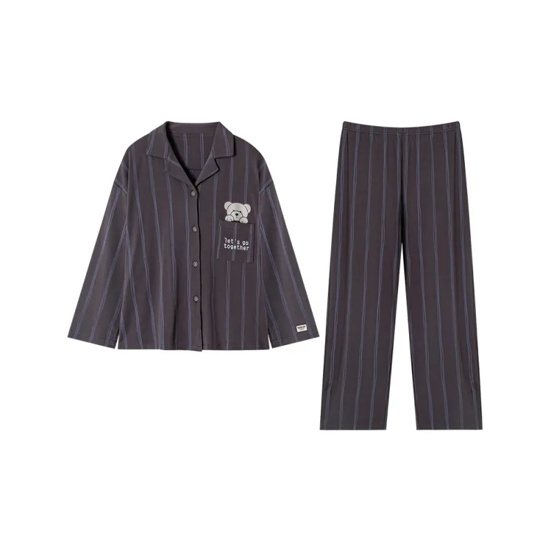Montagut Pajama Set Autumn And Winter Season Unisex Two Piece Set Navy Blue-2
