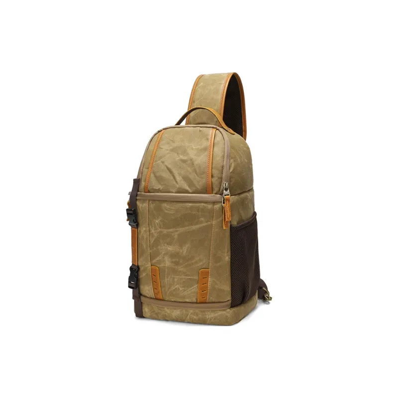 H YXIANG Batik Canvas With Top Grain Cow Leather Sling Bag Men's Army Green/Khaki/Dark Gray-3