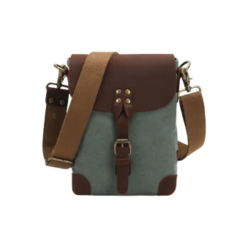 H YXIANG Washed Canvas With Feral Cow Leather Shoulder Bag, Crossbody Bag Regular Men's Teal/Khaki