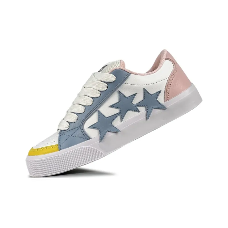 LuzaoT SUPER DRAG Stars Shoes Low Top Skateboard Shoes Women's White Blue Yellow-3
