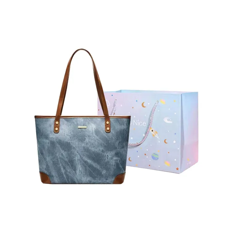 GOX PU Shoulder Bag Tote Regular Women's Denim Blue/Dark Tea/Light Gray-2