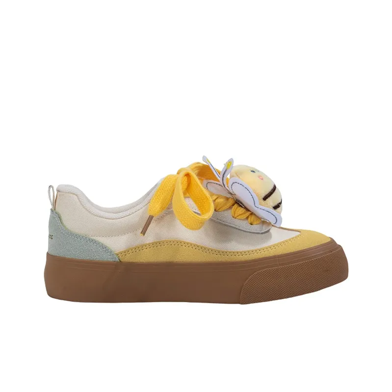 MINGKUANG Street Trend Bee Box Anti Slip And Wear Resistant Lightweight Low Top Skateboard Shoes Women's Beige Yellow-2