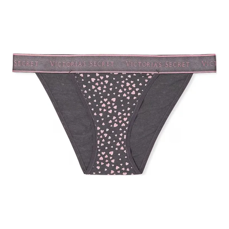 Victoria's Secret Cotton Logo Cotton Tanga Panty / Tornado Grey Hearts Underpants Women's 1 Pack Gray-0
