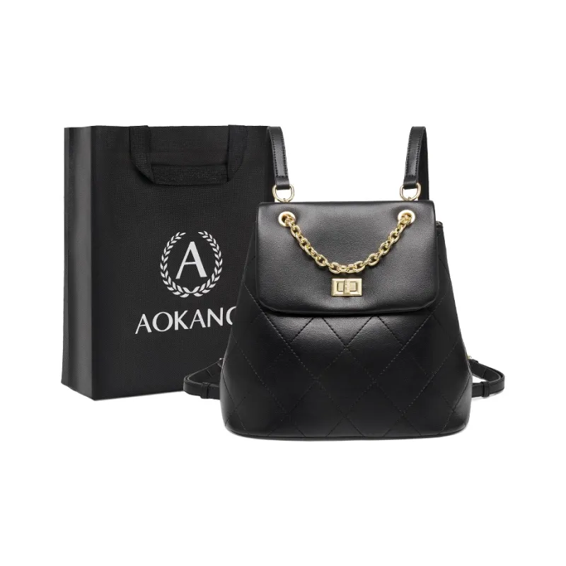 AOKANG Cow Leather Backpack, Diamond Pattern Chain Bag, Commuter Bag Medium Size Women's Classic Black/Ecru-8
