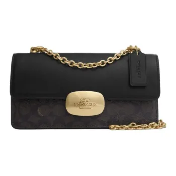 COACH Eliza Coated Canvas With Smooth Leather Shoulder Bag, Crossbody Bag Medium Size Women's Walnut Wood & Black