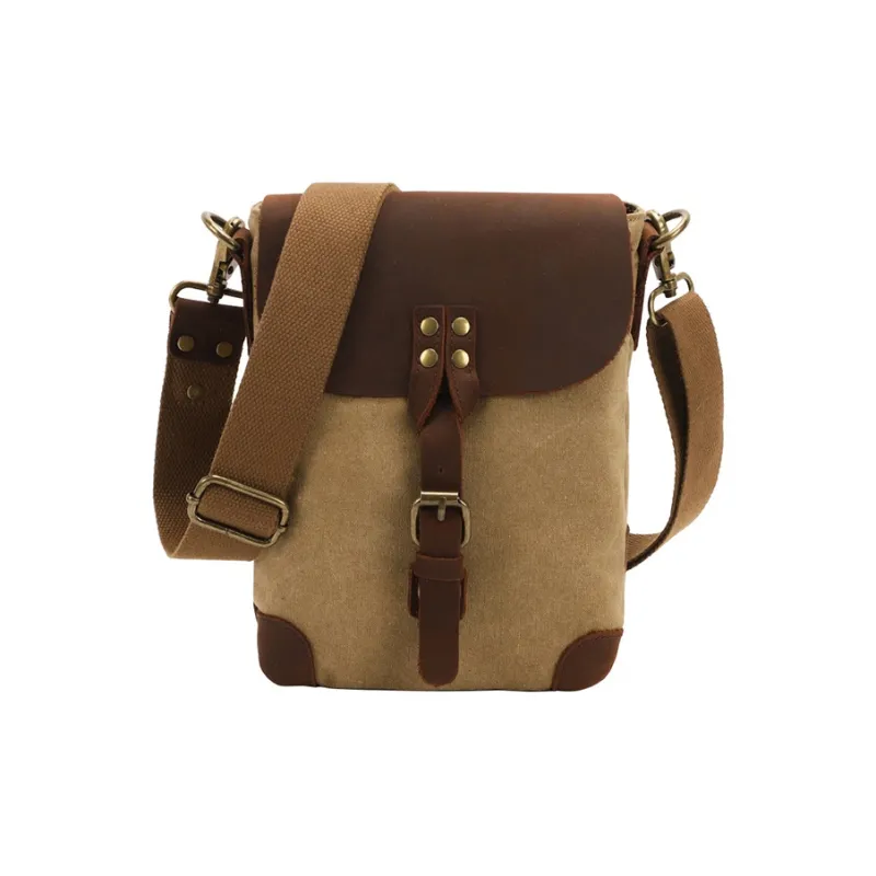 H YXIANG Washed Canvas With Feral Cow Leather Shoulder Bag, Crossbody Bag Regular Men's Teal/Khaki-4