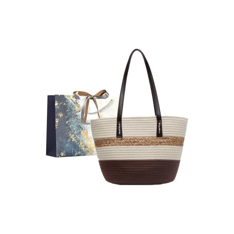 Iman's House Straw Woven Shoulder Bag Unisex Khaki/Coffee/Black-5