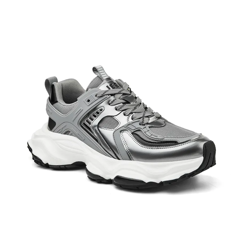 JEEP SPIRIT Breathable Height Increasing Low Top Chunky Sneakers Men's Silver-3