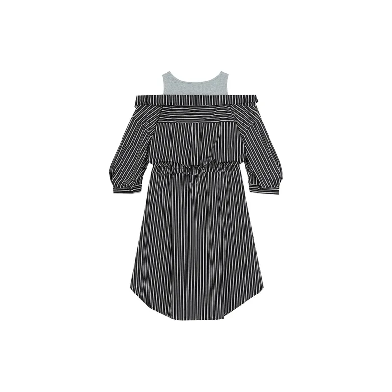 ELF SACK Long Sleeved Dress Women's Black Gray Stripes-1