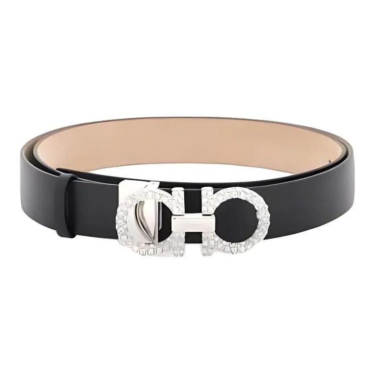 FERRAGAMO Badge Decoration Smooth Buckle Calfskin Crystal Leather Belts Women's Black-0