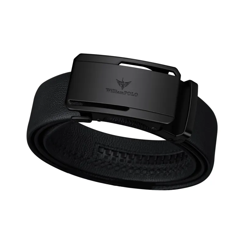 WilliamPOLO Cow Leather Leather Belts Men's Black Logo Black Buckle Width 3.5CM-1