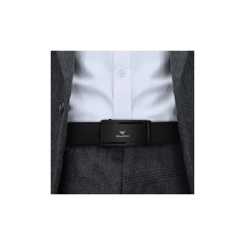 WilliamPOLO Cow Leather Leather Belts Men's White Logo Black Buckle Width 3.5CM-4