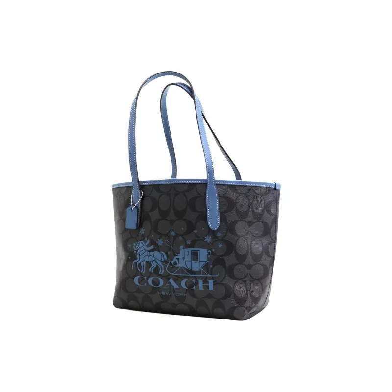 COACH City Canvas With Leather Tote Bag Shopping Bag Handbag Shoulder Bag Women's Brown & Blue-1