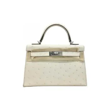 HERMES Mini Kelly Generation 1 Ostrich Leather Single Room Crossbody Handbags Mini Women's I2 Nata Cream White