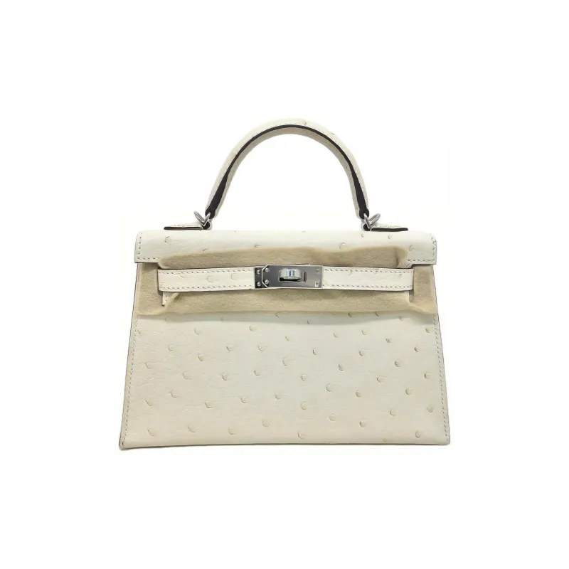 HERMES Mini Kelly Generation 1 Ostrich Leather Single Room Crossbody Handbags Mini Women's I2 Nata Cream White-0
