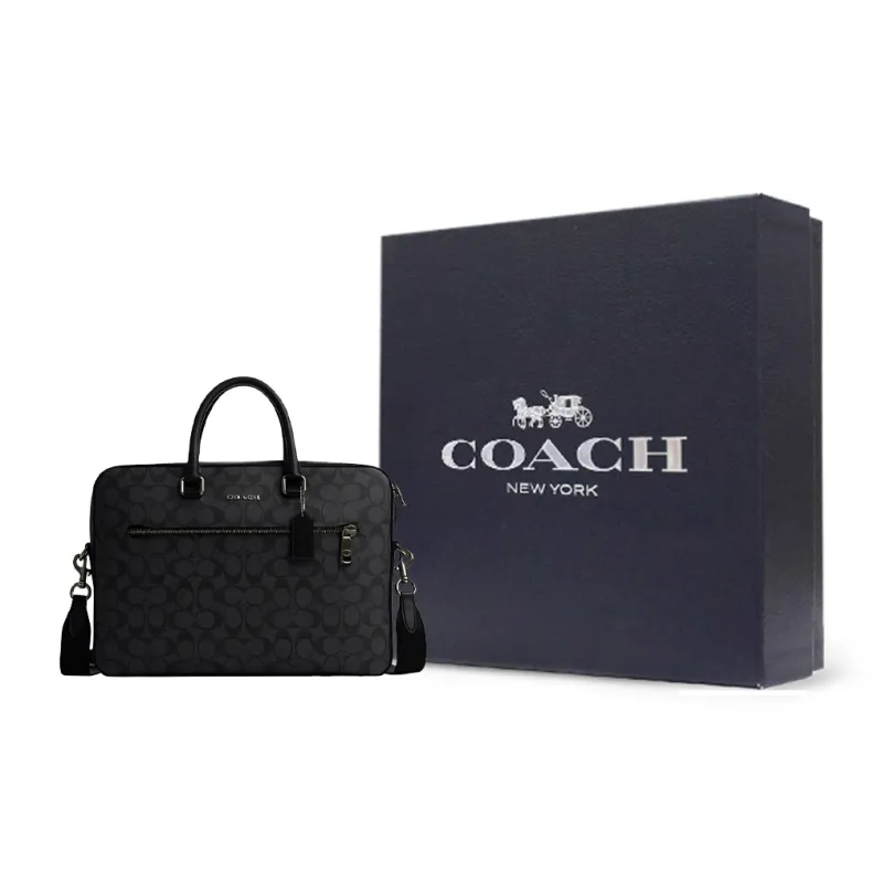 COACH ETHAN Artificial Leather Portable One Shoulder Crossbody Briefcases Large Size Men's Black-7
