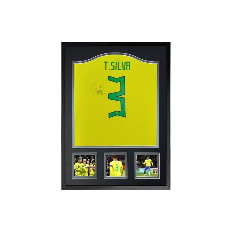 Three For Thiago Silva 2022 Brazil, Autographed Soccer Apparel Jersey, Framed With Certificate-2