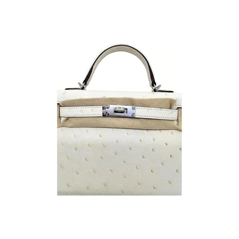HERMES Mini Kelly Generation 1 Ostrich Leather Single Room Crossbody Handbags Mini Women's I2 Nata Cream White-2