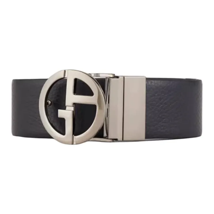 GIORGIO ARMANI Logo Emblem Plate Buckle Cowhide Leather Belts Men's Deep Night Blue/Black Width: 4CM-0